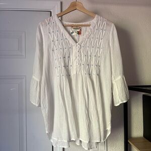 LULALIFE white cotton embroidered long bell sleeve boxy popover blouse shirt
